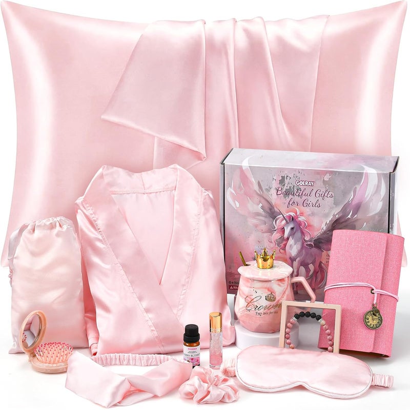 Golray Gifts for Teen Girls Kids -13 Pcs Teenage Girl Basket with Satin Pillowcase/Spa Robe/Journal/Mug, Christmas Birthday Gifts Set for Women Daughter Sister Tween Toy Age 10 11 12 14-18 - Image 1